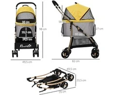 "PawHut" vežimėlis šunims "2-in-1", sulankstomas vežimėlis šunims su pagalvėle, 4 ratai, tinklinis langelis, Oksfordo audinys, geltonas