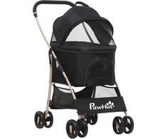 "PawHut" vežimėlis šunims "2-in-1", sulankstomas vežimėlis šunims su pagalvėle, 4 ratai, tinklinis langelis, Oksfordo audinys, juodas