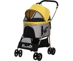 "PawHut" vežimėlis šunims "2-in-1", sulankstomas vežimėlis šunims su pagalvėle, 4 ratai, tinklinis langelis, Oksfordo audinys, geltonas
