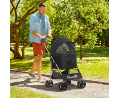 "PawHut" vežimėlis šunims "2-in-1", sulankstomas vežimėlis šunims su pagalvėle, 4 ratai, tinklinis langelis, Oksfordo audinys, juodas