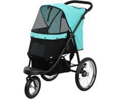 PawHut šunų vežimėlis, bėgimo vežimėlis, sulankstomas, mažiems šunims ir katėms iki 10 kg, su 3 dideliais guminiais ratais, pagalvėle, tinkliniais langeliais, krepšiu daiktams ir saugos diržais, turkio spalvos