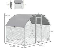 PawHut plieno vištidės voljeras, 280 x 190 x 197 cm vištidės narvas su UV spinduliams atspariu stogu, durelėmis, vištidė 4–6 vištoms, smulkiems gyvūnams, sidabrinė