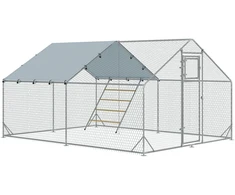 PawHut plieno vištidės lauko aptvaras, 300 x 400 x 195 cm vištų narvas su UV spinduliams atspariu stogeliu, durelėmis lesalui, pakabinama lesykla, laktomis, aptvaras 12–18 vištų, smulkiems gyvūnams, sidabrinės spalvos