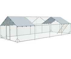 "PawHut" viščiukų aptvaras, pagamintas iš plieno, 300 x 800 x 195 cm viščiukų narvas su UV spinduliams atspariu dangčiu, šėrimo durelėmis, pakabinama lesyklė, lesykla, aptvaras 24-30 viščiukų, smulkiems gyvūnams, sidabrinės spalvos
