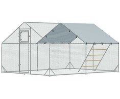 "PawHut" viščiukų aptvaras, pagamintas iš plieno, 300 x 400 x 195 cm viščiukų narvas su UV spinduliams atspariu dangčiu, šėrimo durelėmis, pakabinama lesyklė, lesykla, viščiukų aptvaras 12-18 viščiukų, smulkiems gyvūnams, sidabrinės spalvos
