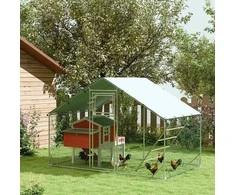 "PawHut" viščiukų aptvaras, pagamintas iš plieno, 300 x 200 x 195 cm viščiukų narvas su UV spinduliams atspariu dangčiu, šėrimo durelėmis, pakabinama lesyklė, lesykla, aptvaras 6-8 viščiukams, smulkiems gyvūnams, sidabrinės spalvos