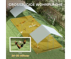 PawHut vištidė su voljeru, plieninė, 300 x 800 x 195 cm, vištų narvas su UV spinduliams atspariu stogeliu, šėrimo durelėmis, pakabinama šėrykla, laktomis, voljeras 24-30 vištų, smulkiems gyvūnams, sidabrinė