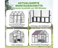 PawHut vištidė su voljeru 1,7x1,8x1,8 m, lauko aptvaras su užraktu, eglės mediena, vištidė su vandeniui atspariu, nuo UV spindulių apsaugančiu stogu, lauko paukštidė vištoms, 6-8 vištoms, antims, triušiams, pilka