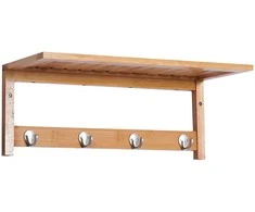 Sieninis drabužių kabyklas su kabliukais, montuojamas prie sienos, taupantis vietą, atlaiko 5kg, 50 x 16 x 17,5 cm, natūralaus medžio, HOMCOM