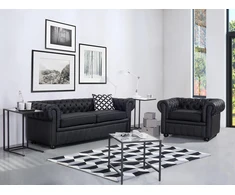 Sofa Beliani 4 asmenų poilsio baldų komplektas CHESTERFIELD, natūrali oda, juoda spalva