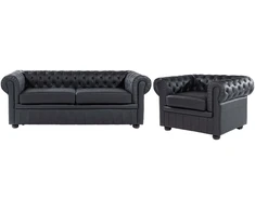 Sofa Beliani 4 asmenų poilsio baldų komplektas CHESTERFIELD, natūrali oda, juoda spalva