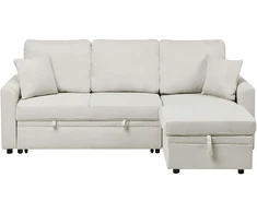 Sofa Beliani Išskleidžiamas kampas NASSJO Len syntetyczny, 3 vietų, šviesiai smėlio spalvos, kairinis