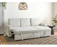 Sofa Beliani Išskleidžiamas kampas NASSJO Len syntetyczny, 3 vietų, šviesiai smėlio spalvos, kairinis