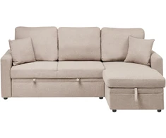 Sofa Beliani Išskleidžiamas kampas NASSJO, 3 vietų, sintetinis linas, šviesiai rudas, su daiktadėže, kairinis