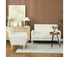 HOMCOM 2-vietė sofa, dvivietė sofa su kaučiukmedžio kojelėmis, minkšta sofa svetainei, miegamajam, kreminės baltos spalvos
