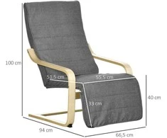 Sofa HOMCOM poilsio krėslas supamasis krėslas, poilsio kėdė, reguliuojama kėdė su kojų atrama, valgomojo kėdė su lino išvaizda svetainei, beržo mediena, pilka 66,5 x 94 x 100 cm