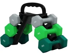 SPORTNOW 6 hantelių rinkinys 2 x 3kg, 2 x 4kg, 2 x 5kg, hantelių rinkinys su stovu, šešiakampių hantelių rinkinys, skirtas jėgos treniruotėms, fitnesui namuose, pilka + žalia + turkio spalva