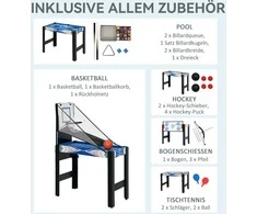 SPORTNOW daugiafunkcinis žaidimų stalas 5 in 1, įskaitant biliardą, stalo tenisą, ledo ritulį, krepšinį, šaudymą iš lanko, žaidimų stalą su priedais, lanką ir strėles 91 x 45,5 x 76 cm