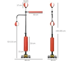 SPORTNOW pastatomas bokso maišas, 140-205 cm reguliuojamo aukščio bokso treniruoklis su 2 greičio kriaušėmis, refleksine lazda ir siurbtukiniu pagrindu suaugusiesiems