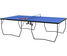 SPORTNOW lauko stalo teniso stalas, sulankstomas stalo teniso stalas su tinkleliu, ratukais, 2 stalo teniso lazdomis, 3 kamuoliukais, plieno, mėlynas, 274x152,5x76cm