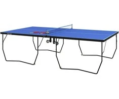 SPORTNOW lauko stalo teniso stalas, sulankstomas stalo teniso stalas su tinklu, ratukais, 2 stalo teniso raketėmis, 3 kamuoliukais, plieno, mėlynas, 274x152,5x76 cm