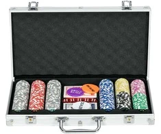 SPORTNOW pokerio dėklo rinkinys 300 žetonų 11,5 g Pilnas pokerio rinkinys Užraktas 2 kaladės 5 kauliukai Dalintojo aklųjų mygtukai Sidabrinis