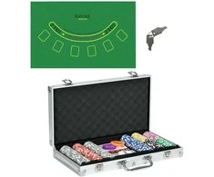 SPORTNOW pokerio rinkinys lagamine, 300 žetonų, 11,5 g, pilnas komplektas, su užraktu, 2 kortų kaladės, 5 kauliukai, dalintojo ir aklų statymų mygtukai, sidabrinis
