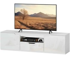 TV staliukas "HOMCOM" televizoriaus spintelė su 2 durelėmis ir stalčiumi, 160 cm ilgio televizoriaus staliukas, skirtas televizoriams iki 65 colių, televizoriaus lentelė su kabelių valdymu, skirta svetainei, balta