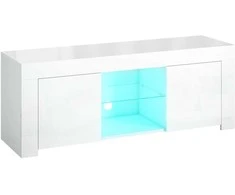 TV staliukas HOMCOM Televizoriaus spintelė su LED apšvietimu, 2 durelėmis, stikliniu skyriumi, kabelių angomis, svetainei, medžio drožlių plokštė, balta