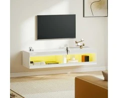 TV staliukas HOMCOM televizoriaus spintele, pakabinama TV spintelė su 16 spalvų RGB LED apšvietimu, TV stovas su atvira laikymo erdve, 55-60 colių televizoriams, svetainei, miegamajam, 140 x 40 x 30 cm, blizgiai balta