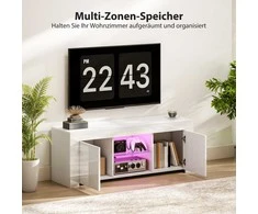 TV staliukas HOMCOM Televizoriaus spintelė su LED apšvietimu, 2 durelėmis, stikliniu skyriumi, kabelių angomis, svetainei, medžio drožlių plokštė, balta