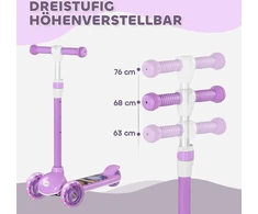 Vaikiškas paspirtukas, LED ratukai, sklandus važiavimas, reguliuojamas aukštis, plastikas, plienas, violetinis