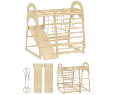Vidaus laipiojimo rėmas, 6-in-1 dizainas, čiuožykla, laipiojimo strypai, laipiojimo sienelė, kopėčios, laipiojimo tinklas, 3-6 metai, medinis