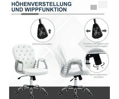 Biuro kėdė Vinsetto, ergonomiška darbo kėdė su porankiais, paminkštintas atlošas, reguliuojamo aukščio kompiuterio kėdė su dirbtinės odos apdaila, sukamoji kėdė namų biurui, balta