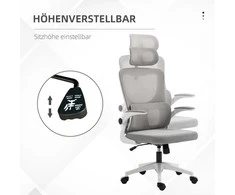 Vinsetto ergonomiška biuro kėdė, reguliuojamo aukščio rašomojo stalo kėdė su reguliuojamais porankiais, galvos atrama, supimosi funkcija, juosmens atrama, tinklinė, pilka