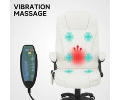 Vinsetto biuro kėdė su vibraciniu masažu, ergonomiška stalo kėdė su šildymu, atlošo funkcija, reguliuojamo aukščio vadovo kėdė su nuotolinio valdymo pulteliu, šonine kišene, lino imitacija, kreminės baltos spalvos