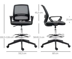 Vinsetto darbo kėdė, ergonomiška sukamoji kėdė, biuro kėdė, reguliuojamo aukščio stovimoji kėdė, kojų atrama, metalas, juoda, 59,5x60x102,5–126 cm