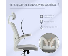 Vinsetto biuro kėdė, ergonomiška kėdė su supimosi funkcija, aukštu atlošu, juosmens atrama, galvos atrama ir atlenkiamais porankiais, pilka, 65 x 64 x 114–122 cm
