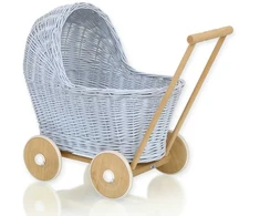 My Sweet Baby Lėlių vežimėlis pintas mėlynas su medinėmis detalėmis Wicker