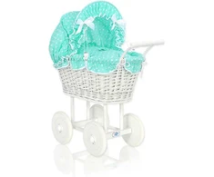 My Sweet Baby Lėlės pintas vežimėlis su mėtų spalvos patalyne – baltas