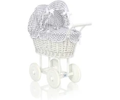 My Sweet Baby Lėlės pintas vežimėlis su pilka patalyne – baltas
