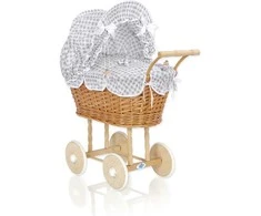 My Sweet Baby Lėlės pintas vežimėlis su pilka patalyne – natūralus