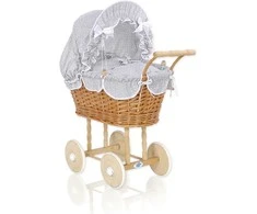 My Sweet Baby Lėlės pintas vežimėlis su pilka patalyne – natūralus