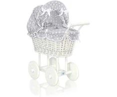 My Sweet Baby Lėlės pintas vežimėlis su pilka patalyne – baltas