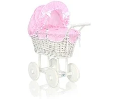 My Sweet Baby Lėlių pintas vežimėlis su rožine patalyne – baltas