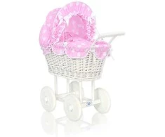 My Sweet Baby Lėlių pintas vežimėlis su rožine patalyne – baltas