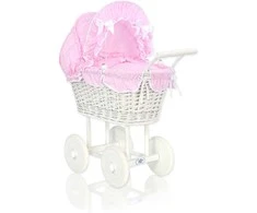 My Sweet Baby Lėlių pintas vežimėlis su rožine patalyne – baltas
