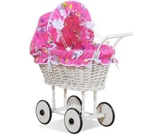 My Sweet Baby Lėlės pintas vežimėlis su rožine patalyne – baltas