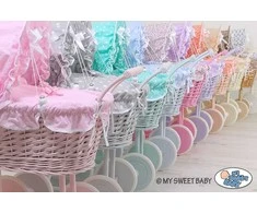 My Sweet Baby Lėlių pintas vežimėlis su turkio spalvos patalyne – baltas