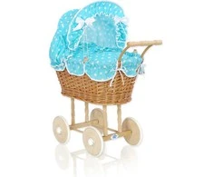 My Sweet Baby Lėlės pintas vežimėlis su turkio spalvos patalyne – natūralus